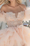 Off The Shoulder Pink Tiered Homecoming Dress with Appliques