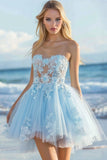 Strapless Blue A Line Homecoming Dress with Appliques