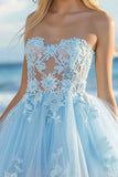 Strapless Blue A Line Homecoming Dress with Appliques