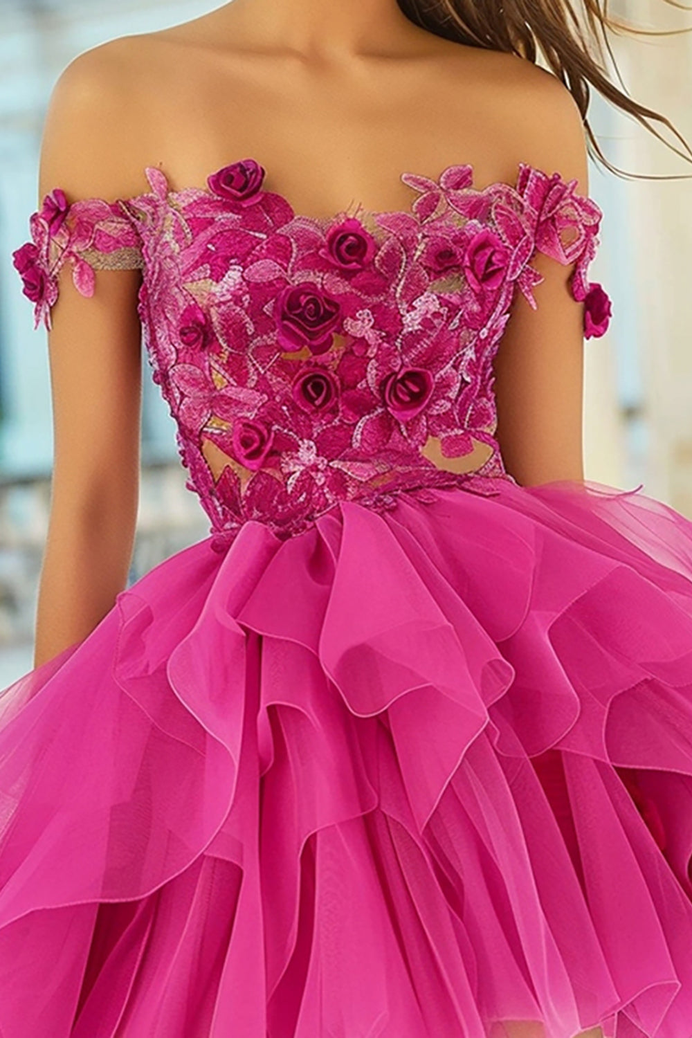 Off The Shoulder Fuchsia A Line Homecoming Dress with Flowers
