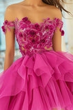 Off The Shoulder Fuchsia A Line Homecoming Dress with Flowers
