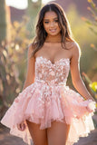Strapless Pink A Line Homecoming Dress with Appliques