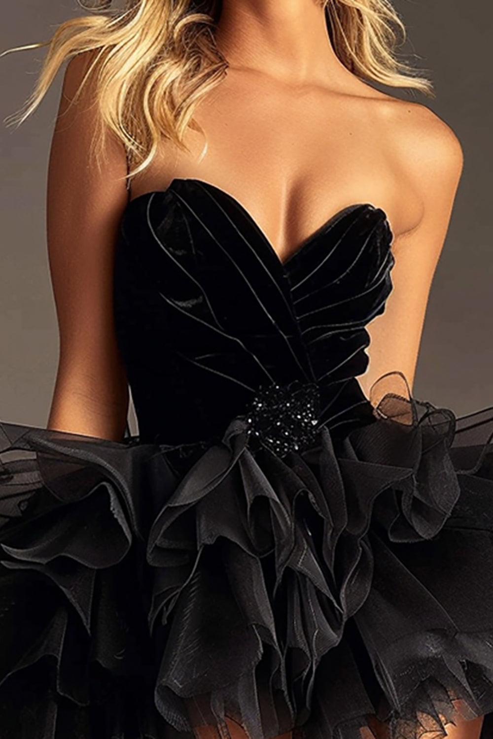 Ruffled Strapless Tiered Black Homecoming Dress