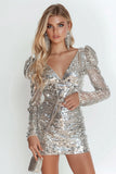 Sparkly Silver Long Sleeve Homecoming Dress with Sequins