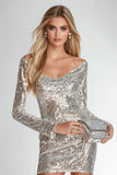 Sparkly Long Sleeve Silver Homecoming Dress with Sequins