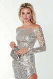 Off The Shoulder Sparkly Silver Homecoming Dress with Sequins