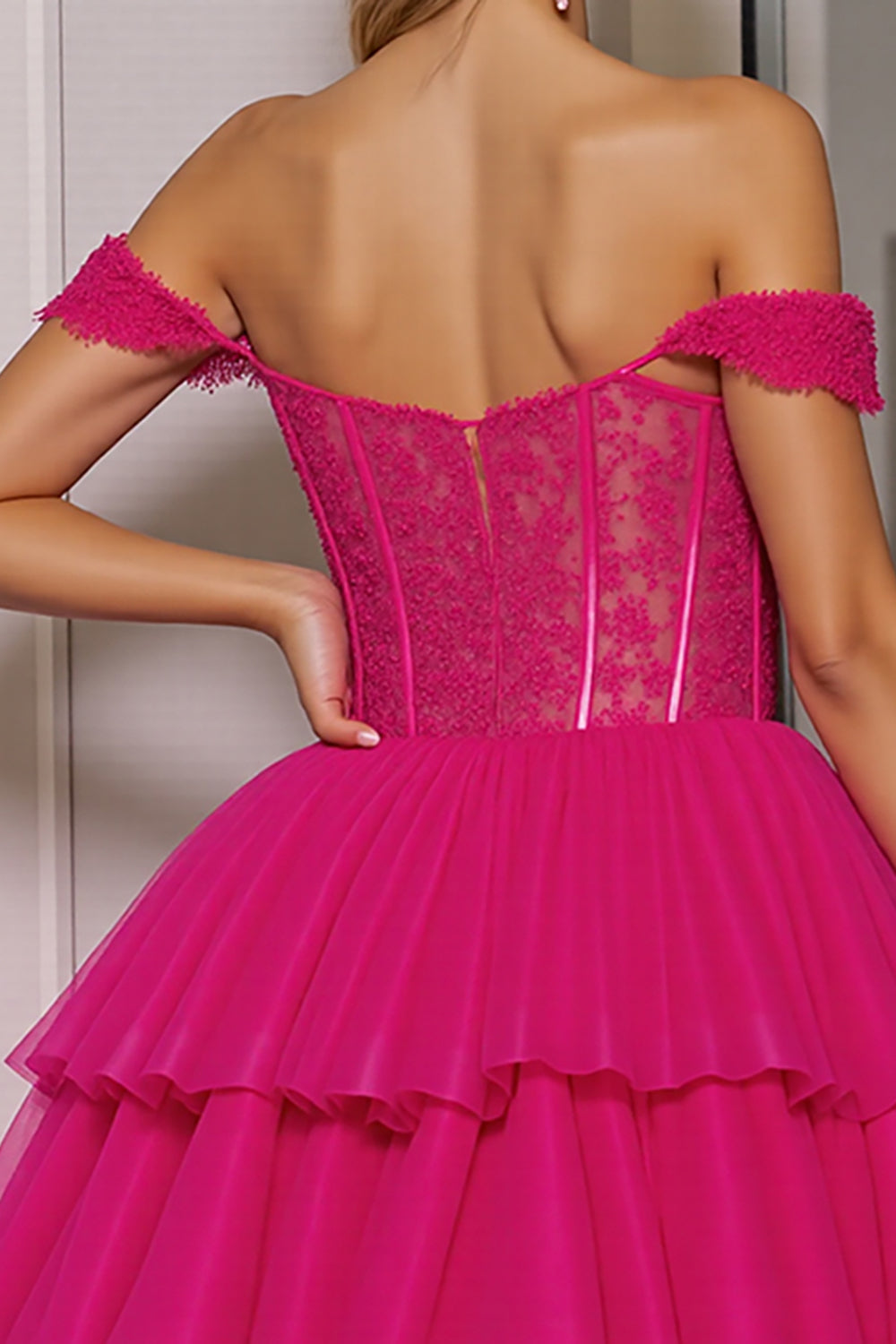 Off The Shoulder Fuchsia Corset Homecoming Dress with Appliques
