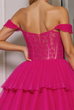 Off The Shoulder Fuchsia Corset Homecoming Dress with Appliques