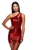 Sparkly One Shoulder Dark Red Homecoming Dress with Sequins