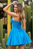 Blue Strapless Ruched Short Homecoming Dress
