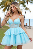 Corset Blue A Line Homecoming Dress with Appliques