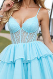Corset Blue A Line Homecoming Dress with Appliques