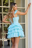 Blue Tiered A Line Ruffled Homecoming Dress