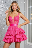 Fuchsia Corset Tiered A Line Homecoming Dress with Appliques