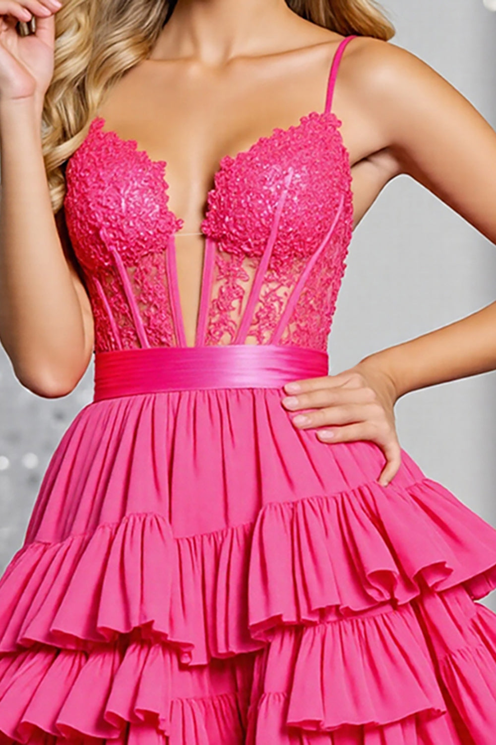 Fuchsia Corset Tiered A Line Homecoming Dress with Appliques