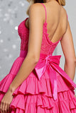 Fuchsia Corset Tiered A Line Homecoming Dress with Appliques