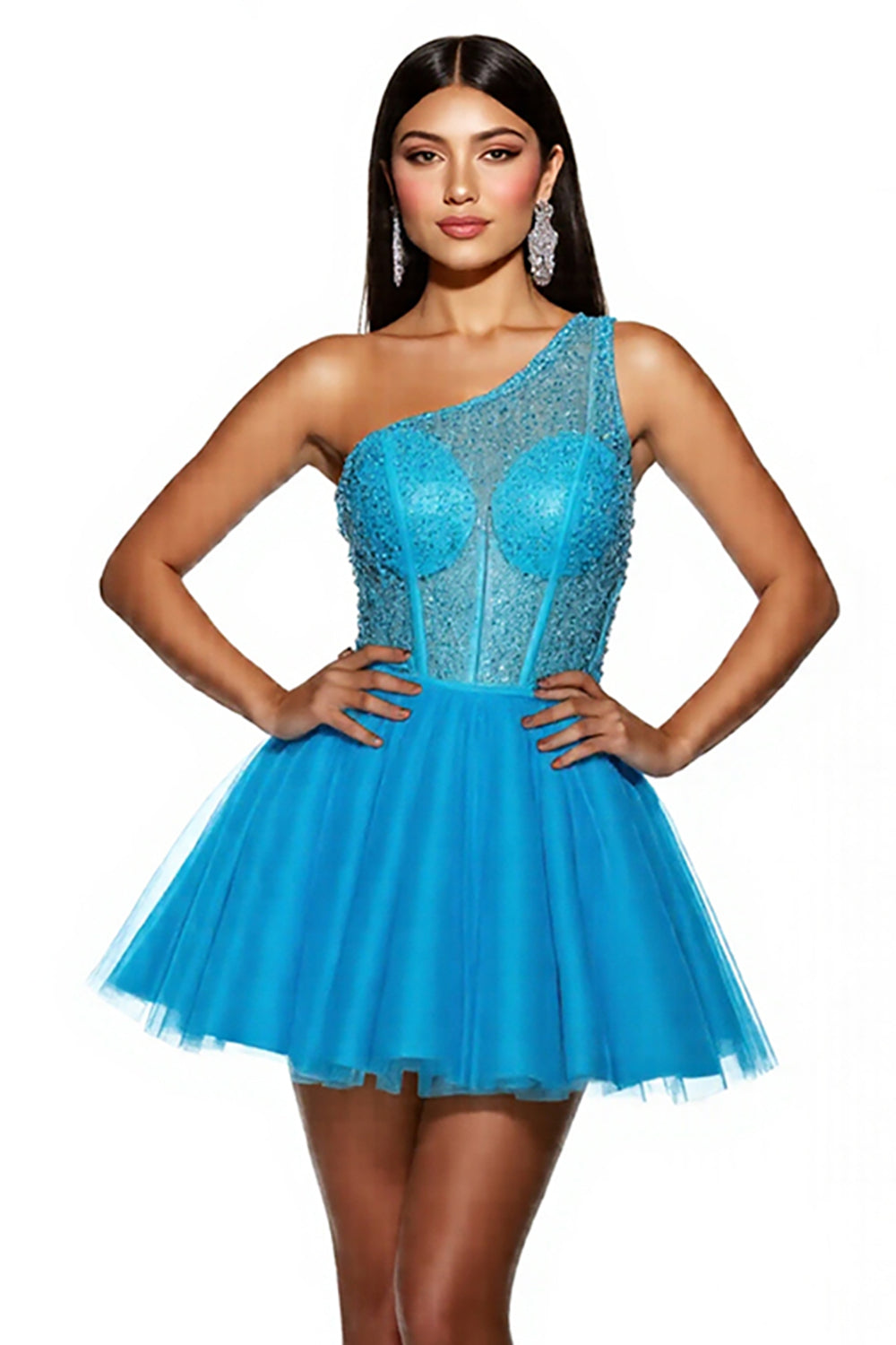 One Shoulder Blue A Line Sequin Homecoming Dress