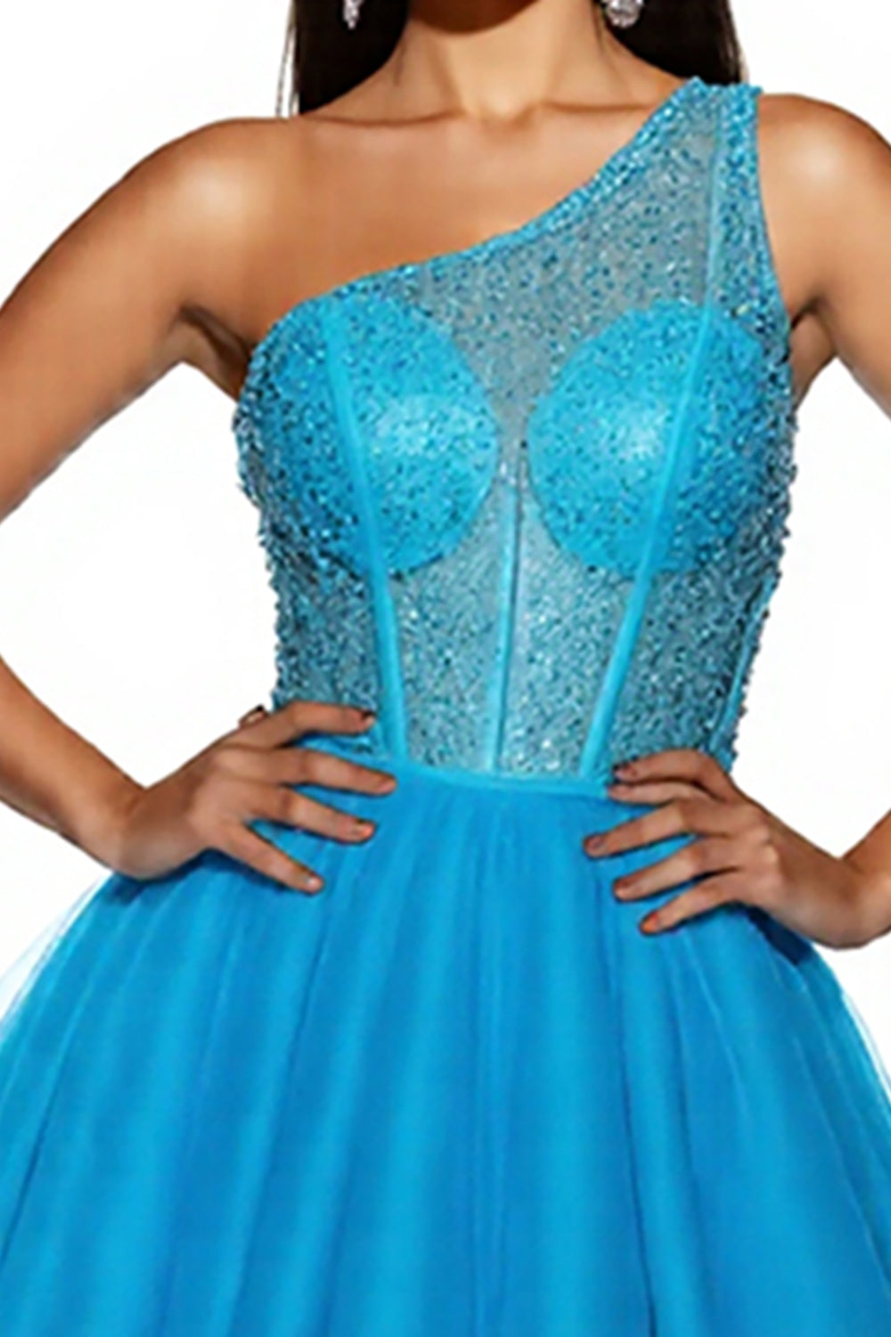 One Shoulder Blue A Line Sequin Homecoming Dress