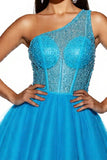 One Shoulder Blue A Line Sequin Homecoming Dress