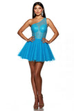 One Shoulder Blue A Line Sequin Homecoming Dress