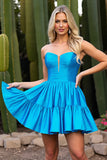 Strapless Blue Ruched A Line Homecoming Dress
