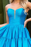 Strapless Blue Ruched A Line Homecoming Dress