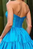 Strapless Blue Ruched A Line Homecoming Dress