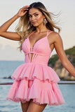 Pink Halter A Line Homecoming Dress with Hollow Out