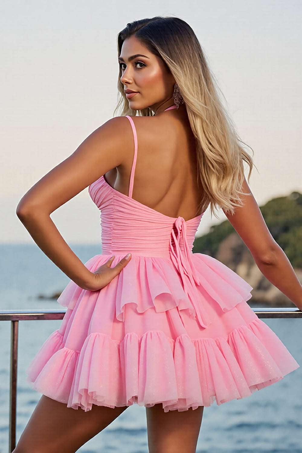 Pink Halter A Line Homecoming Dress with Hollow Out