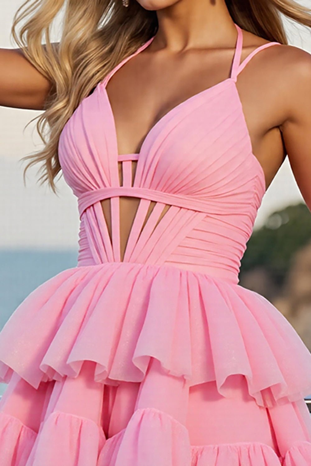 Pink Halter A Line Homecoming Dress with Hollow Out