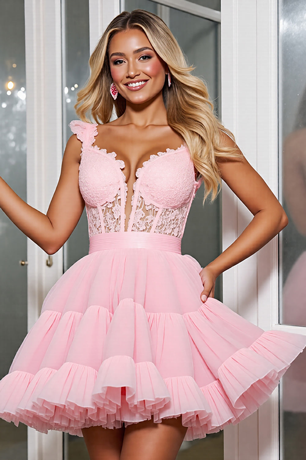 Corset Pink A Line Homecoming Dress with Appliques