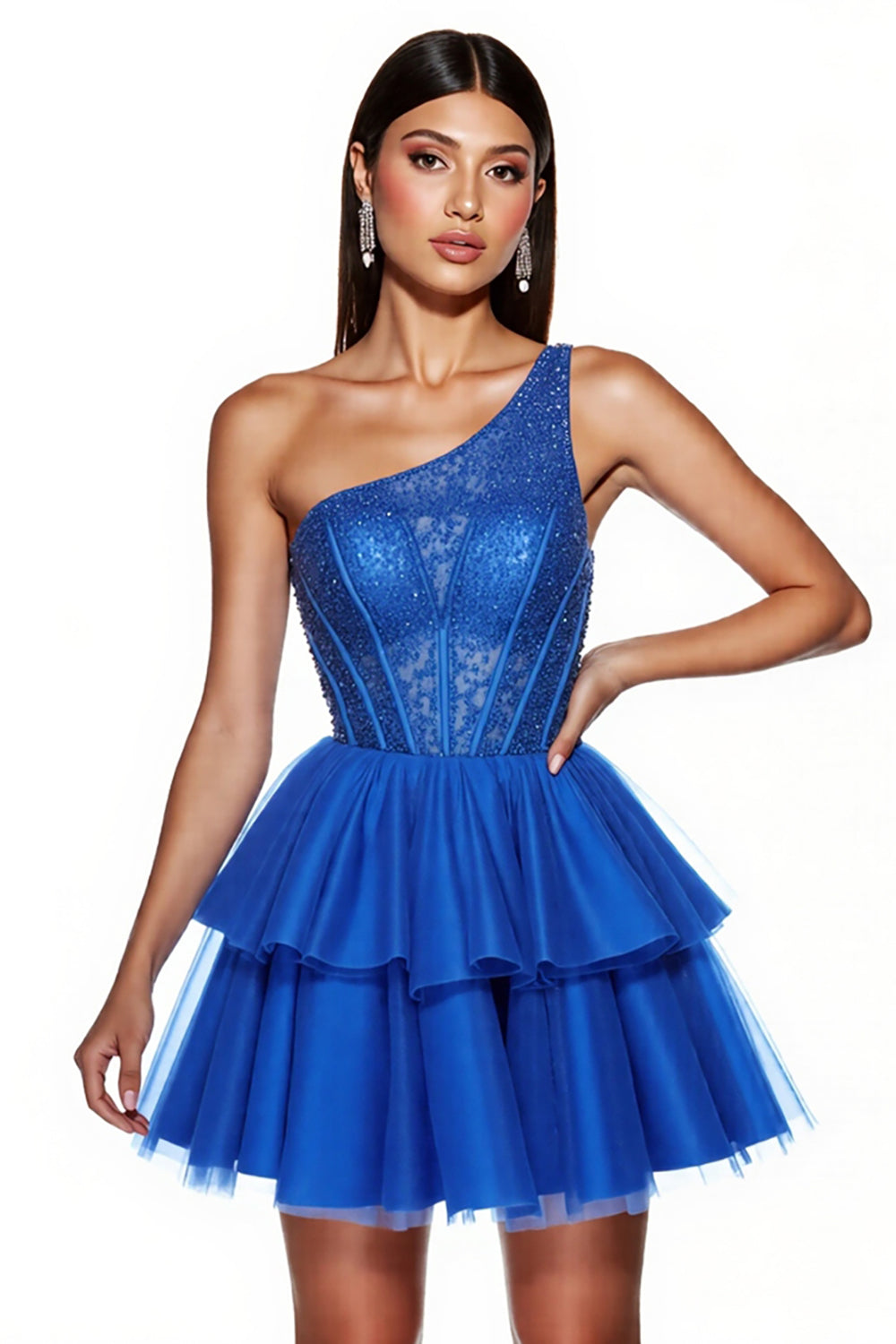 Corset One Shoulder Royal Blue Beaded Homecoming Dress