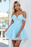 Off The Shoulder Blue A Line Short Homecoming Dress