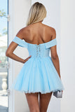Off The Shoulder Blue A Line Short Homecoming Dress