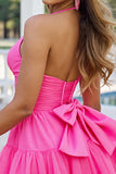 Pink Halter A Line Ruched Homecoming Dress