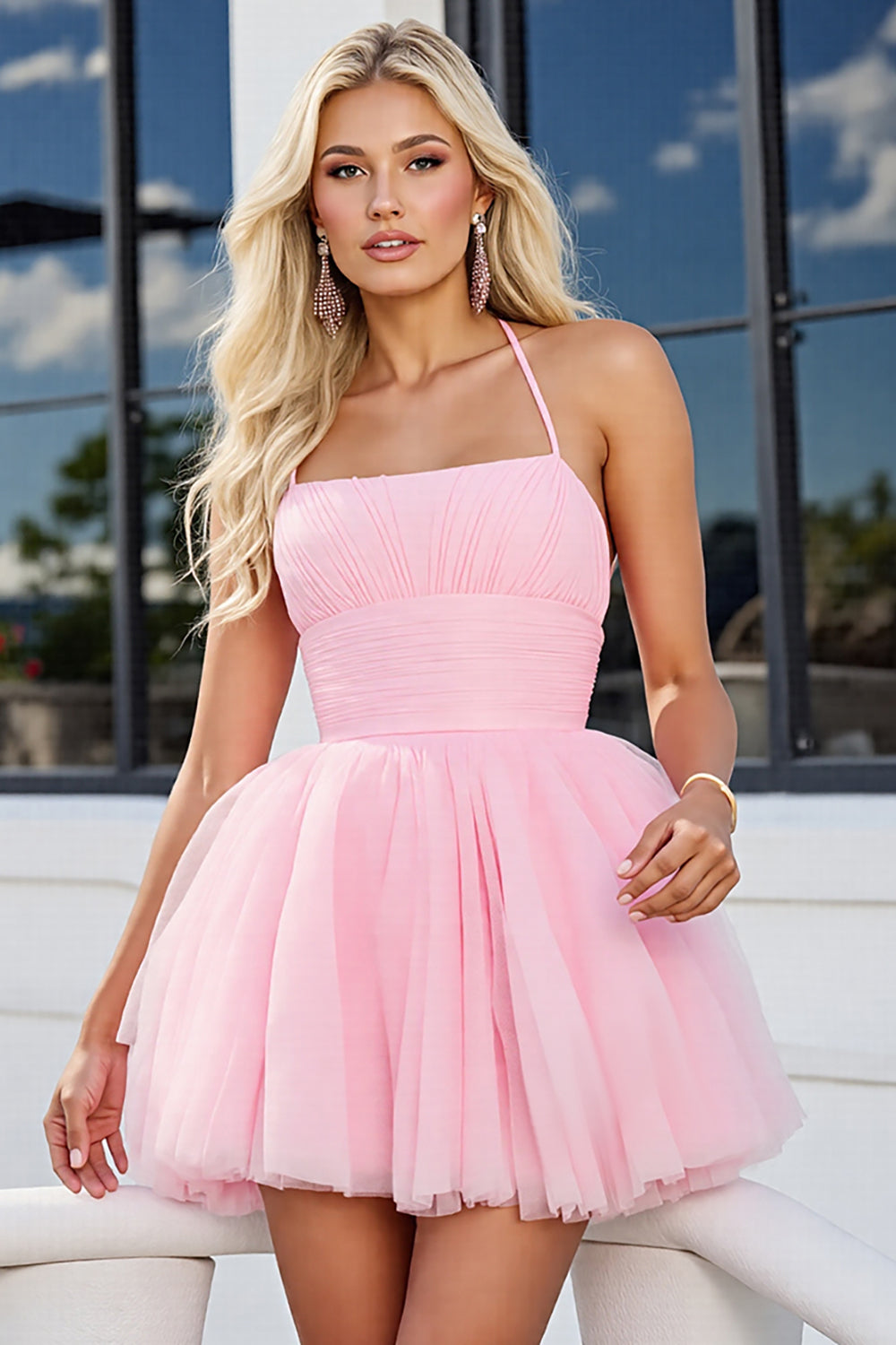 Pink Halter Ruched A Line Homecoming Dress