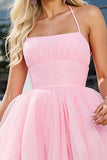 Pink Halter Ruched A Line Homecoming Dress