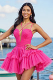 Pink Ruched A Line Ruffled Homecoming Dress