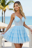 Light Blue Corset Spaghetti Straps A Line Homecoming Dress