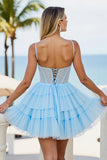 Light Blue Corset Spaghetti Straps A Line Homecoming Dress