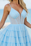 Light Blue Corset Spaghetti Straps A Line Homecoming Dress