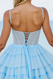 Light Blue Corset Spaghetti Straps A Line Homecoming Dress