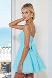 Blue Ruched Spaghetti Straps A Line Homecoming Dress