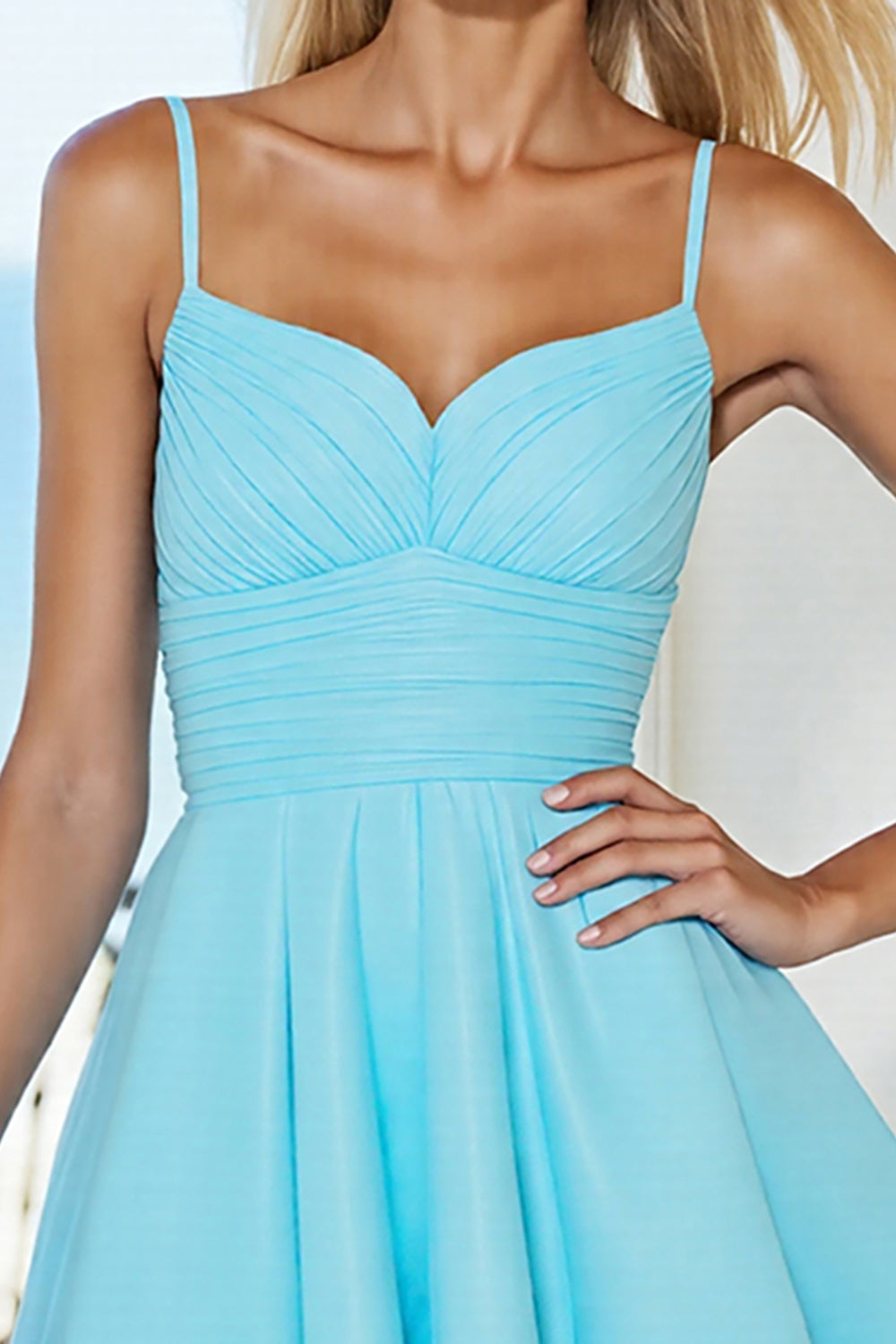 Blue Ruched Spaghetti Straps A Line Homecoming Dress