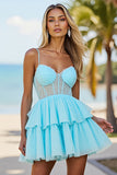 Corset Blue Spaghetti Straps A Line Homecoming Dress