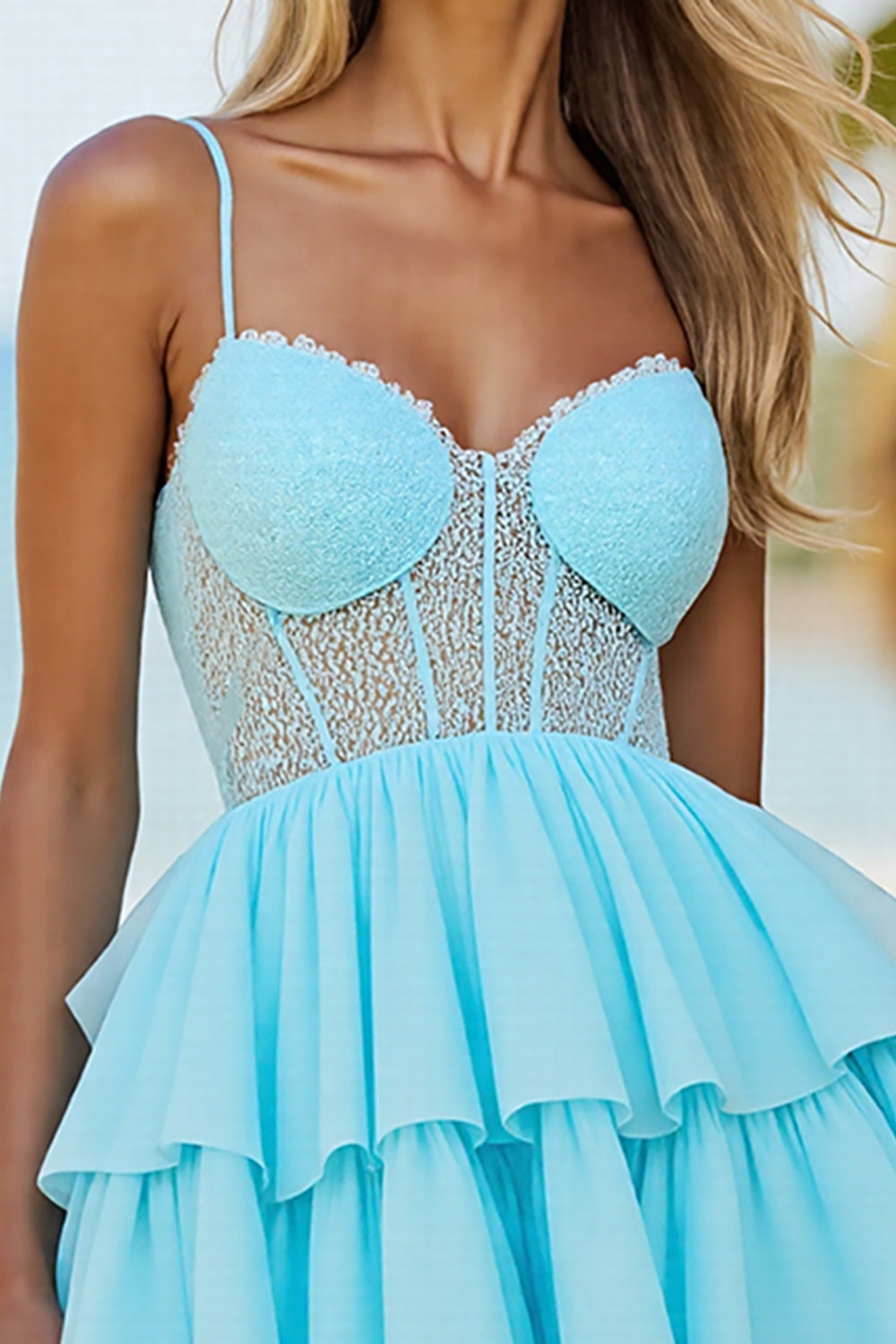 Corset Blue Spaghetti Straps A Line Homecoming Dress