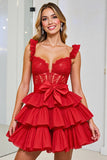 Tiered Corset Red A Line Homecoming Dress with Appliques