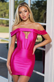 Off The Shoulder Fuchsia Short Homecoming Dress with Hollow Out