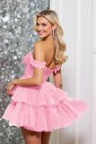 Off The Shoulder Pink Corset A Line Homecoming Dress