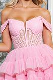 Off The Shoulder Pink Corset A Line Homecoming Dress